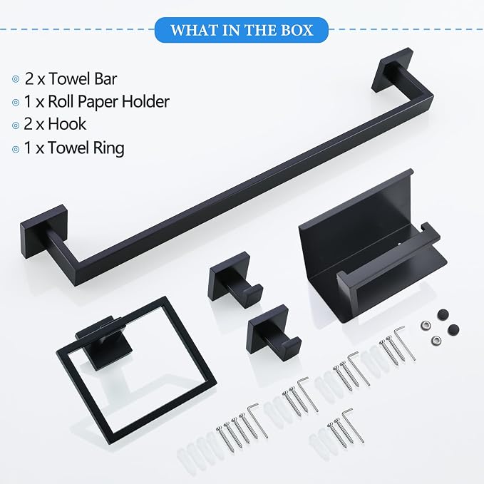 6-Piece Black Bathroom Hardware Set 23.6 Inch Towel Bar Set Double Towel Bar Towel Ring Coat Hook and Toilet Paper Holder with Shelf Wall Mounted Stainless Steel Bathroom Accessories Set