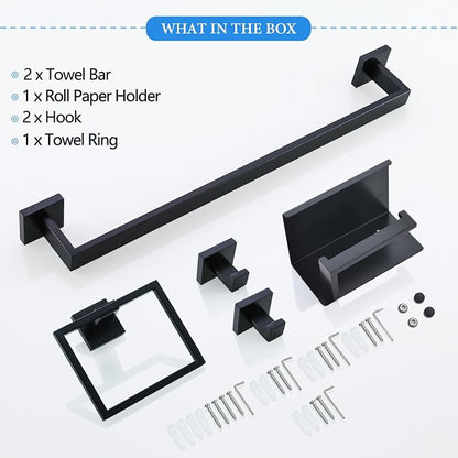 6-Piece Black Bathroom Hardware Set 23.6 Inch Towel Bar Set Double Towel Bar Towel Ring Coat Hook and Toilet Paper Holder with Shelf Wall Mounted Stainless Steel Bathroom Accessories Set