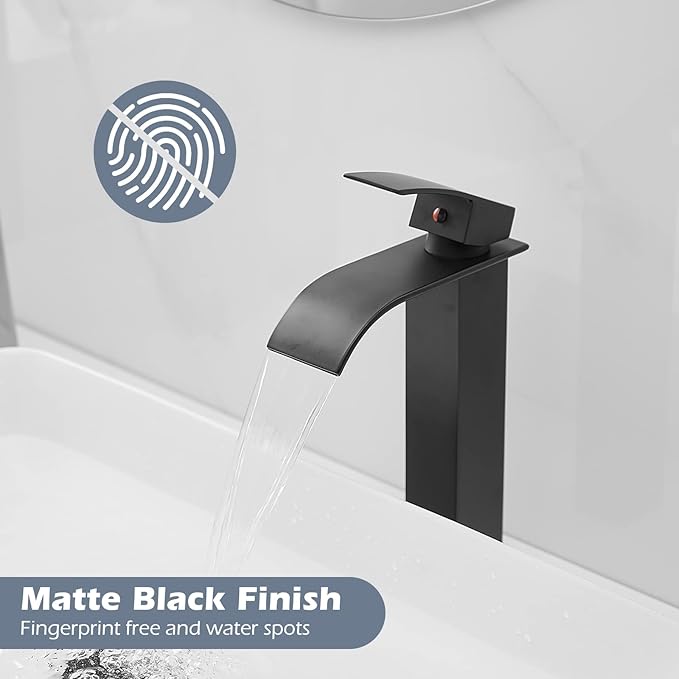 BWE Vessel Sink Faucet Modern Waterfall Matte Black Single Hole Bathroom Faucet Single Handle with Pop up Drain Without Overflow Assembly Vanity Basin Bath Sink Faucets Mixer Tap