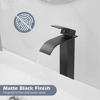 BWE Vessel Sink Faucet Modern Waterfall Matte Black Single Hole Bathroom Faucet Single Handle with Pop up Drain Without Overflow Assembly Vanity Basin Bath Sink Faucets Mixer Tap