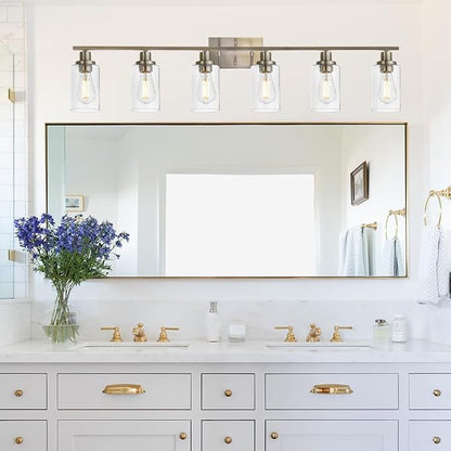 MELUCEE Modern Bathroom Vanity Light Fixtures 6-Light Brushed Nickel | 45.3 Inch Contemporary Wall Light with Clear Glass Shade for Kitchen Living Room Bedroom (Patent No.: US D963914 S)
