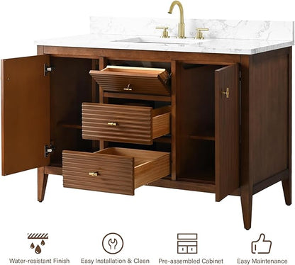 HOMEBEYOND 48" Bathroom Vanity with Sink, Solid Wood Bathroom Vanity Free-Standing Cabinet, Drawers, Ceramic Top & Soft Closing Door, Golden Brushed Handware, Walnut