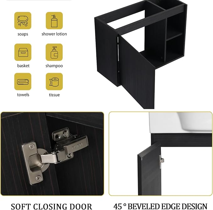 28" Wall Mounted Bathroom Vanity with Sink, Small Vanity, Black | Integrated Ceramic Sink, Soft-Close Door & 2 Open Storage Shelves, Small Bath Vanity Set, Easy to Clean