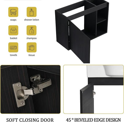 28" Wall Mounted Bathroom Vanity with Sink, Small Vanity, Black | Integrated Ceramic Sink, Soft-Close Door & 2 Open Storage Shelves, Small Bath Vanity Set, Easy to Clean