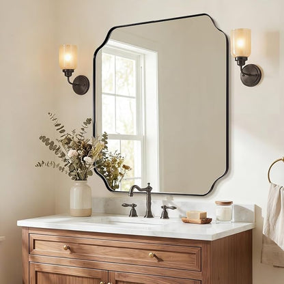 36x40 Inch Bathroom Mirror, Large Black Vanity Mirror for Wall, Modern Scalloped Mirror in Premium Stainless Steel Metal Thin Frame, Unique Rounded Notched Corners, Vertically/Horizontally