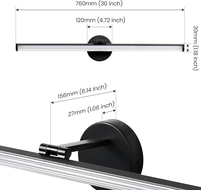 KAISITE Bathroom Vanity Light Over Mirror - 30 Inch Black Vanity Light Fixture 24W 4000K Dimmable Modern LED Vanity Lighting Fixture Rotatable Bath Vanity Light Bar for Bathroom