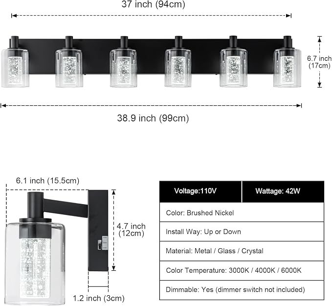 SineRise Vanity Light with 3 Color Modes (3000K/4000K/6000K), Eye Protection LED Bathroom Light Fixture, Dimmable Modern Wall Light Over Mirror with Clear Glass Shade (Black, 6-Light)