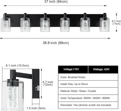 SineRise Vanity Light with 3 Color Modes (3000K/4000K/6000K), Eye Protection LED Bathroom Light Fixture, Dimmable Modern Wall Light Over Mirror with Clear Glass Shade (Black, 6-Light)