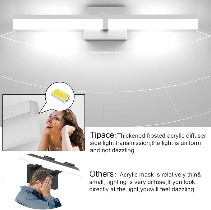 Tipace LED Bathroom Vanity Lighting Fixtures 24 inch Modern Silver Vanity Lighting Over Mirror Bathroom Wall Light (White Light 6000K)