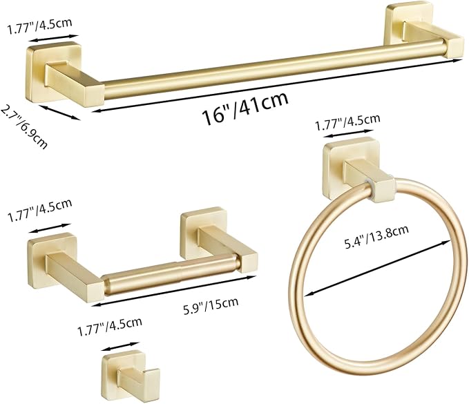 Brusehd Light Gold Bathroom Hardware Set 4 Pieces,Towel Bar Set Stainless Steel Wall Mounted, Includes 16In Hand Towel Bar, Towel Ring, Robe Towel Hooks,Toilet Paper Holder, Bathroom Towel Rack Set…