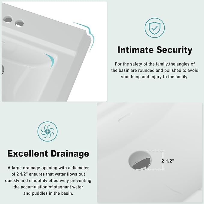 26 X 20 Inch Bathroom Pedestal Sink, Rectangular Ceramic Pedestal Bathroom Sink,White Porcelain Vanity with 3 Faucet Holes (4" Centers) & Overflow