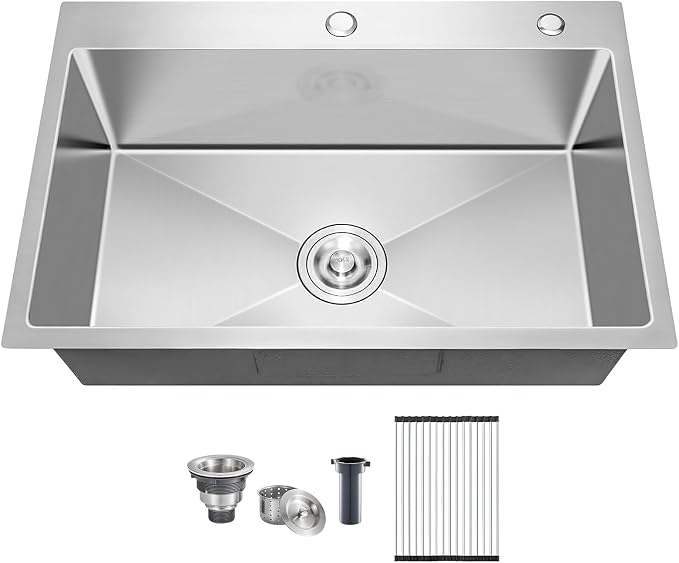 25x22 Inch Drop In Kitchen Sink, 20 Gauge 304 Stainless Steel Single Bowl Top Mount Sinks, Brushed Nickel Handmade Round Corner 25"x22"x9"
