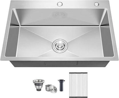 25x22 Inch Drop In Kitchen Sink, 20 Gauge 304 Stainless Steel Single Bowl Top Mount Sinks, Brushed Nickel Handmade Round Corner 25"x22"x9"