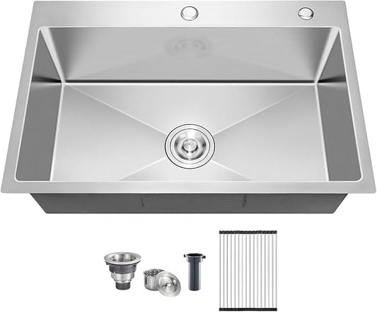 25x22 Inch Drop In Kitchen Sink, 20 Gauge 304 Stainless Steel Single Bowl Top Mount Sinks, Brushed Nickel Handmade Round Corner 25"x22"x9"