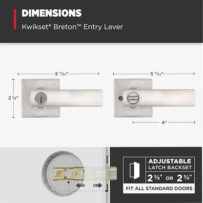 Kwikset Breton Entry Door Handle with Lock and Key, Secure Keyed Reversible Lever Exterior, For Front Entrance and Bedrooms, Satin Nickel , Pick Resistant Smartkey Rekey Security and Microban