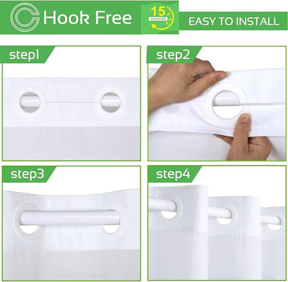 No Hook Shower Curtain Snap in Liner with 2 Replaceable Curtain Panels Pattern Waterproof Fabric Washable Shower Curtain Set for Bathroom Bathtub, Hotel Style with See Through Mesh Top Window 71 x 74"
