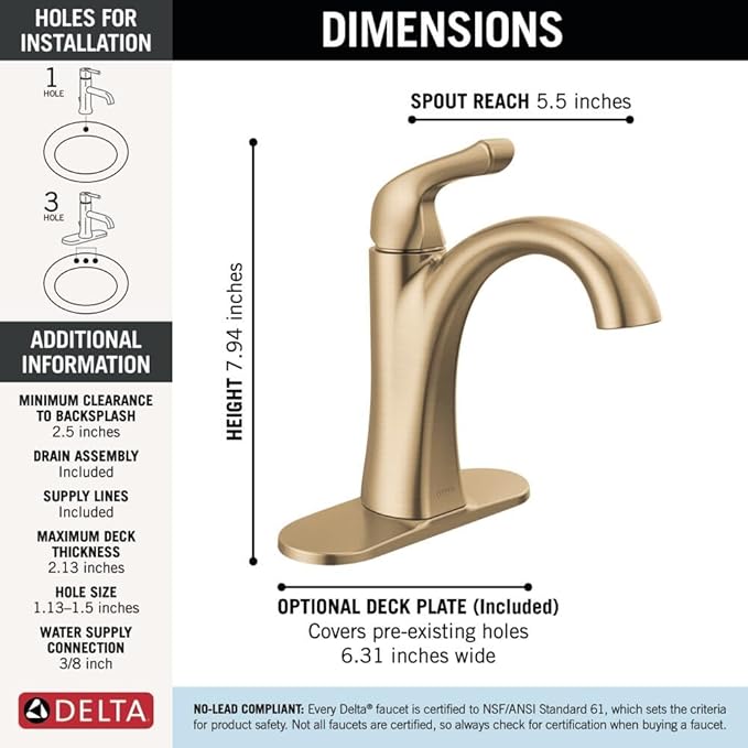 Delta Arvo Brushed Gold Bathroom Faucet 1 Hole, Single Hole Bathroom Sink Faucet for Vanity, Push-Pop Drain Assembly, Champagne Bronze 15840LF-CZ