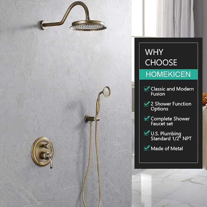 Vintage Faucet Shower System with Handheld Spray | Antique Brass Finish, Multi-layer Plating, 9 inch Rain Shower Head, 2 Way Diverter Brass Valve, Wall Mount Easy Install