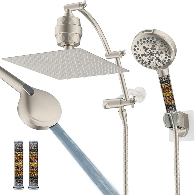 Hibbent 12" Dual Filtered Shower Head 10-spray Handheld, Brushed Nickel | All Metal High Pressure Rainfall Shower Head Combo with Filter, 16" Extension Arm, 3-way Diverter, 71" Hose & Shower Holder