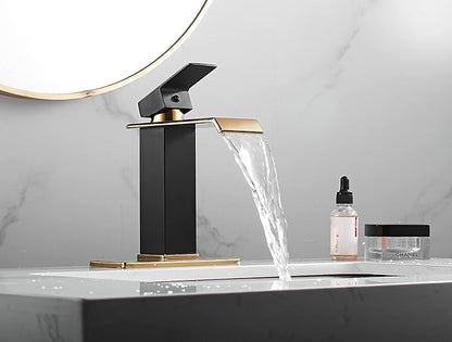 Black Bathroom Faucet Gold Waterfall One Handle 1-3 Hole Lavatory Vanity Sink Faucet with Water Supply Hose Deck Mount Commercial