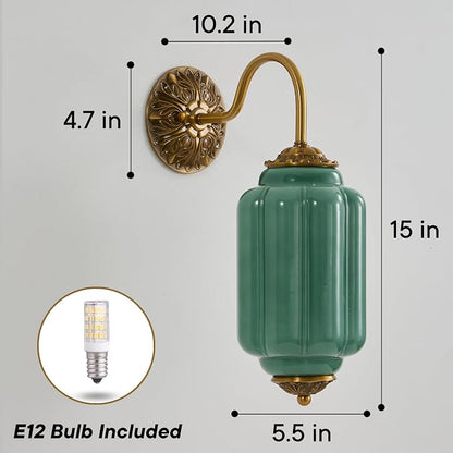 Vintage Milk Glass Wall Sconce, Antique Green Glass Sconce with Art Deco Gold Carved Metal, Hardwired Retro Light Fixture (E12 Bulb, Warm Light) for Bedroom Bathroom Living Room (Vintage Green 1pack)