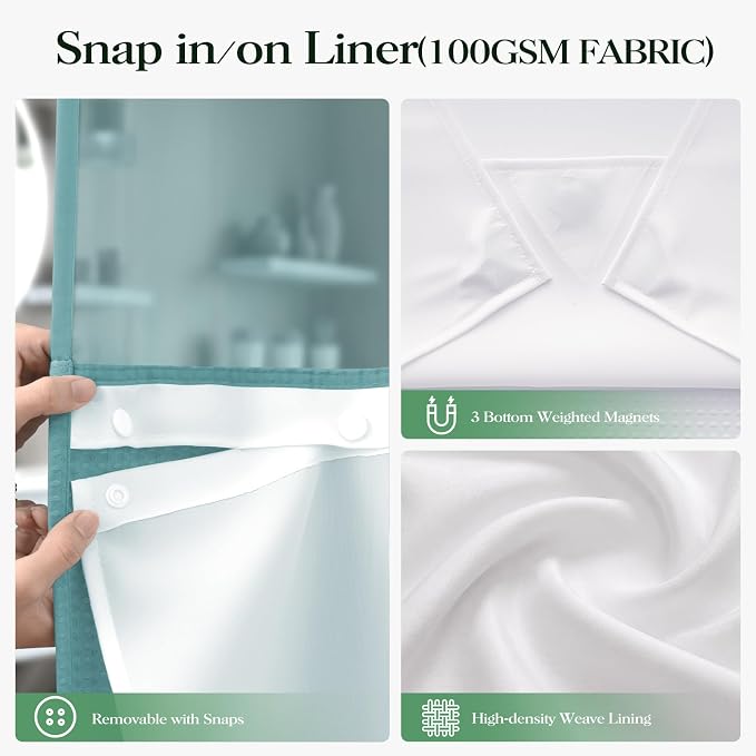 Teal Hook Free Waffle Shower Curtain & Snap-in Fabric Liner,72x75 | Less Time to install, 3 in 1 Fabric Shower Curtain and Liner Set with Magnets, Mesh Top Window, Shower Curtains for Bathroom