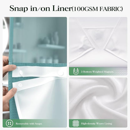Teal Hook Free Waffle Shower Curtain & Snap-in Fabric Liner,72x87 | Less Time to install, 3 in 1 Fabric Shower Curtain and Liner Set with Magnets, Extra Long, Shower Curtains for Bathroom