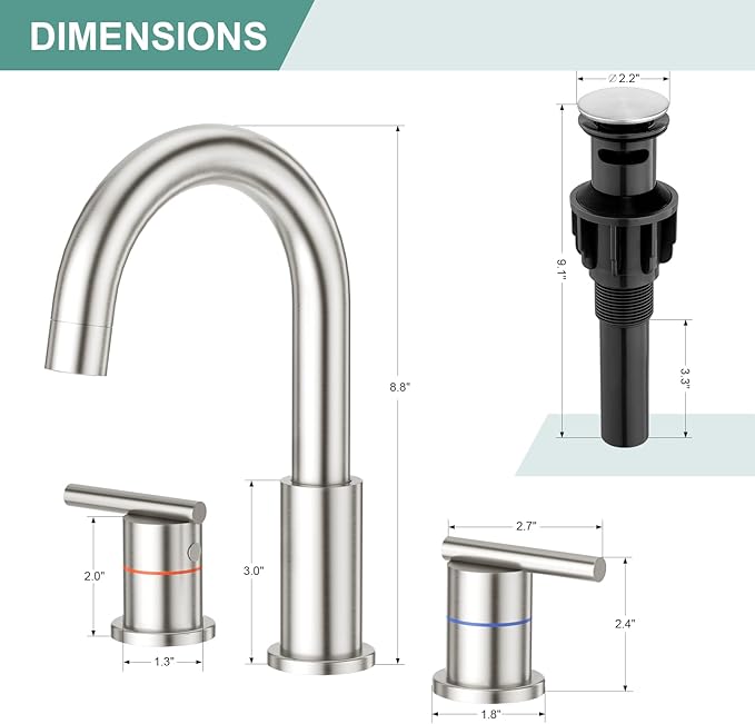 Faustina 3 Hole Bathroom Faucet, Brushed Bathroom Faucets for Sink 3 Hole/Double-Handle/8-Inch Widespread Bathroom Faucet, Stainless Steel Bathroom Vanity Faucet(Pop Up Drain/Supply Line), Brushed