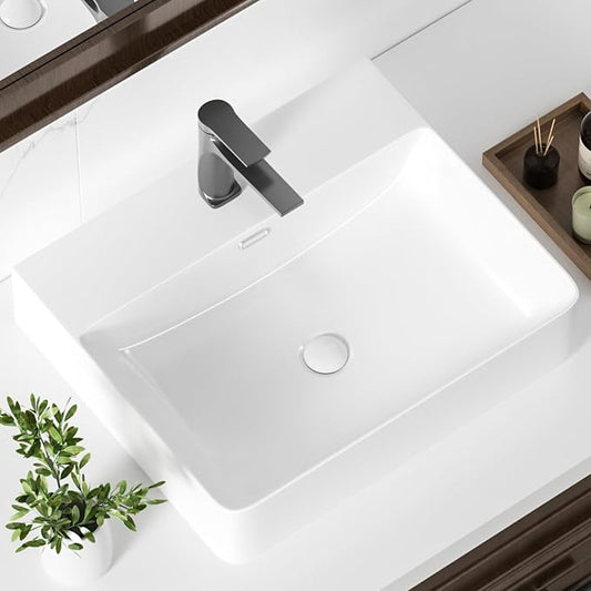 KINGWONG 20 Inch Ceramic Vessel Sink | White Rectangular Bathroom Sink Above Counter or Wall Mounted | Porcelain Vanity Basin with Overflow Hole Easy Clean Glossy Finish for RV Farmhouse Modern Bath