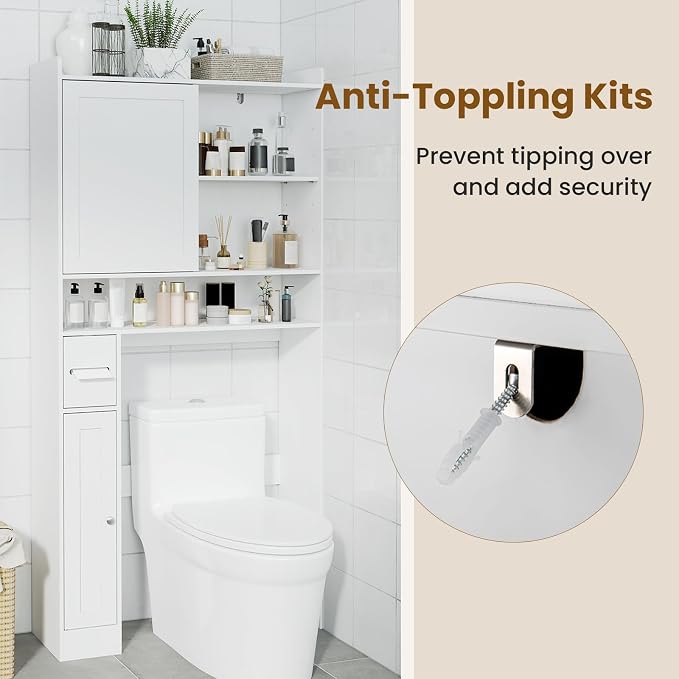 Giantex Over The Toilet Storage Cabinet, 32.5"W Freestanding Space Saver with Sliding Door, Toilet Paper Holder & Adjustable Shelves, Over Toilet Bathroom Organizer for Restroom & Laundry Room, White