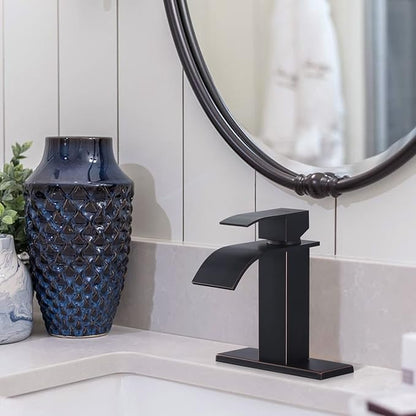 Oil Rubbed Bronze Bathroom Faucet - ARCORA Waterfall Bathroom Faucet Single Handle Mixer Tap Lavatory Vanity Sink Faucet with Deck Plate and Pop Up Drain, 1 or 3 Hole