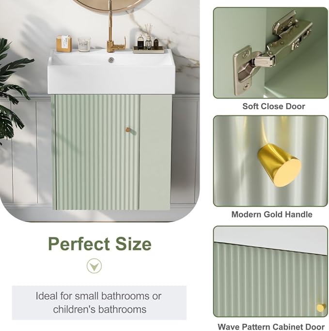 22" Small Bathroom Vanity with Sink, Floating Vanity for Bathrooms with Soft-Close Door and Open Shelf, Wall Mounted Narrow Bathroom Vanities for Compact Bathrooms (Green,22" Floating Right Shelf)