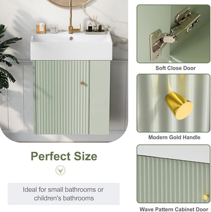 22" Small Bathroom Vanity with Sink, Floating Vanity for Bathrooms with Soft-Close Door and Open Shelf, Wall Mounted Narrow Bathroom Vanities for Compact Bathrooms (Green,22" Floating Right Shelf)