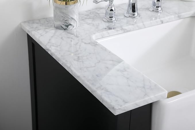 42" Pre-Assembled Bathroom Vanity with Sink, Solid Birch and MDF, Carrara White Marble Countertop Attached, Single Rectangle Porcelain Sink, 3 Soft-Close Drawers, Black