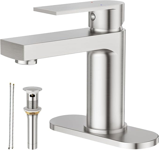 Single Hole Bathroom Faucet, Stainless Steel 1 Handle Vanity Sink Faucet with Metal Pop-Up Drain & Deck Plate for 1 or 3 Hole Sink, Brushed Finish