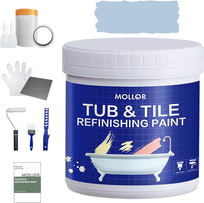 Tub and Tile Refinishing Kit with Tools, 35oz White Tile Paint Water Based & Low Odor, DIY Bathtub Paint, Easy to Use for Bathroom, Kitchen, Porcelain, Floor, Semi-Gloss, 50-60sq.ft（Light Blue）