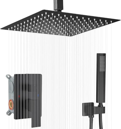 12 Inch Ceiling Mount Matte Black Shower System Bathroom Luxury Rain Mixer Shower Combo Set Ceiling Rainfall Shower Head System (Contain Shower Faucet Rough-in Valve Body and Trim Kit)