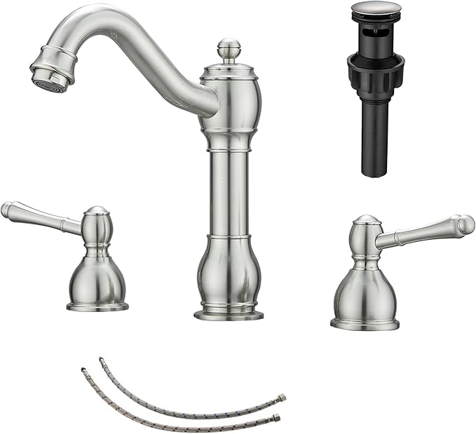 GGStudy 2 Handles 3 Holes Faucet Widespread Bathroom Sink Faucet Basin Tap Mixer Supply Hose Included Matching Pop Up Drain Brushed Nickel