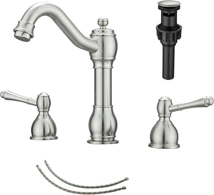 GGStudy 2 Handles 3 Holes Faucet Widespread Bathroom Sink Faucet Basin Tap Mixer Supply Hose Included Matching Pop Up Drain Brushed Nickel