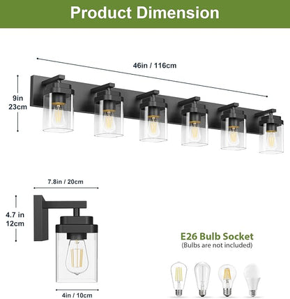 Black Bathroom Light Fixtures, 6 Lights Bathroom Lighting Fixtures Over Mirror, Square Design & Rectangle Large Backplate, Modern Vanity Lighting Fixtures, for Bathroom/Living Room/Bedroom