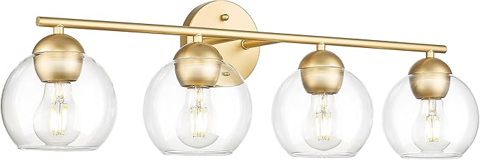 Emak Gold Vanity Lights, Modern Globe Bathroom Light Fixtures, 29 Inch 4-Light Bathroom Vanity Light with Clear Glass Shade for Bath, VL114-GD-4
