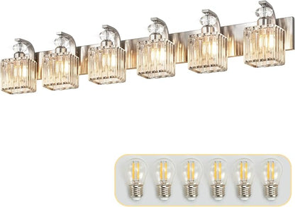 Modern Bathroom Vanity Light, 6-Light Nickel Bathroom Lighting Fixtures Over Mirror, 44.1" Crystal Wall Light Sconce for Bathroom/Bedroom/Vanity, Includes LED Bulbs, Easy Installation