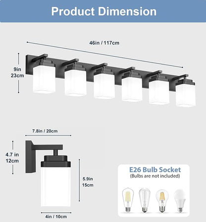 Matte Black Bathroom Light Fixtures, 6 Lights Bathroom Lighting Fixtures Over Mirror, Square Design & Rectangle Large Backplate, Modern Vanity Lighting Fixtures, for Living Room/Bedroom