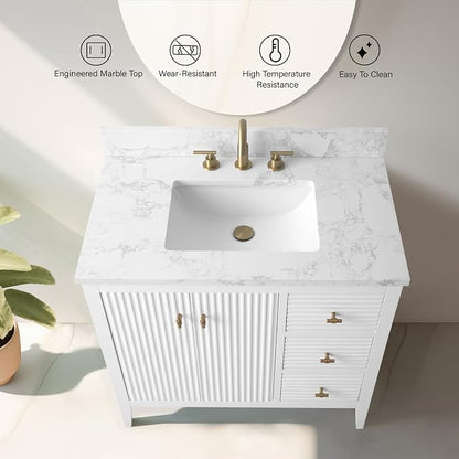 Vanity Art 36 inch Bathroom Vanity with Single Sink & Ceramic Top, Vanity Cabinet with Soft-Closing Door, Solid Wood Frame, Linear Pattern, White, VA9136-W-MB,Matte Black Handles