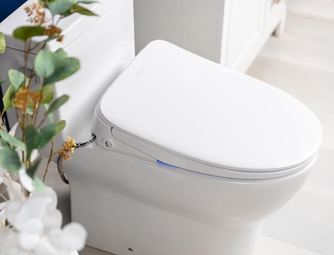 ALPHA BIDET iX Pure Bidet Toilet Seat in Round White | Ultra Low Profile | Endless Warm Water | Arced Stainless Steel Nozzle | Blue LED Nightlight | Dryer…