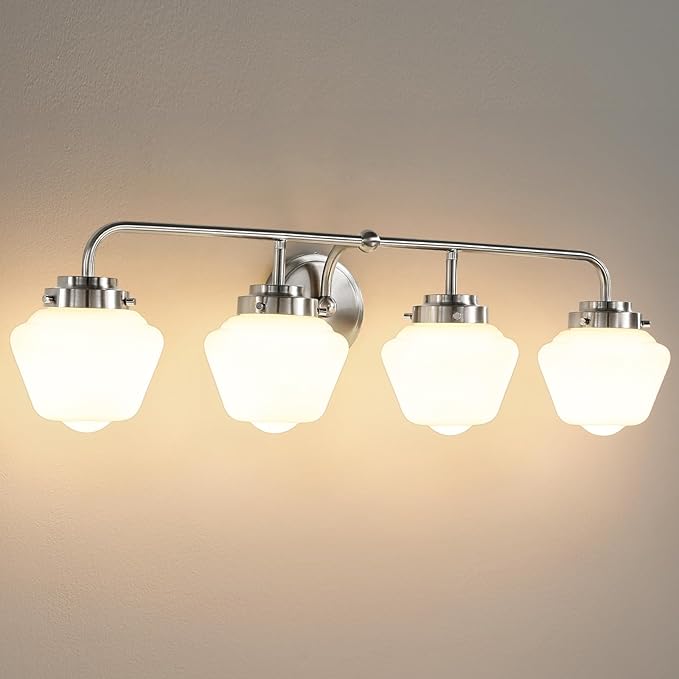 Bathroom Vanity Light Fixtures: 4-Lights Brushed Nickel Vintage Light Fixtures for Bathroom Above Mirror, Wall Lights Indoor with Frosted Milky Glass for Bath Bedroom