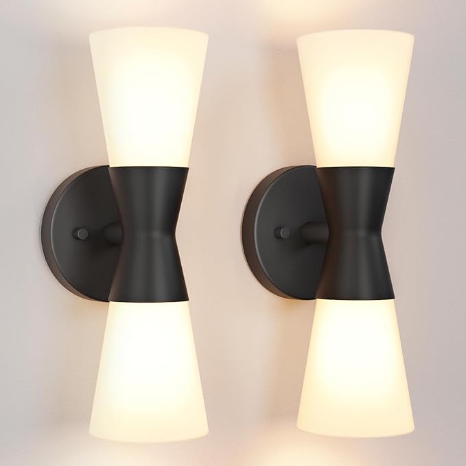 Wall Sconces Set of 2 for Bathroom, Modern Indoor Vanity Light Fixtures 13", Up Down Lighting, Wall Mount Lamp for Living Room Bedroom Hallway Stairway Fireplace Mirror E26 Base 2PC White&Black