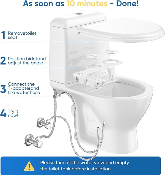 Ultra-Slim 3-in1 Bidet, Warm Water, Self-Cleaning, Posterior&Feminine Wash-(Retractable Dual Nozzles), Non-Electric Bidet Attachment for Toilet Seat, Adjustable Water Pressure, Stainless Steel Inlet | Toilet Seat Add-On