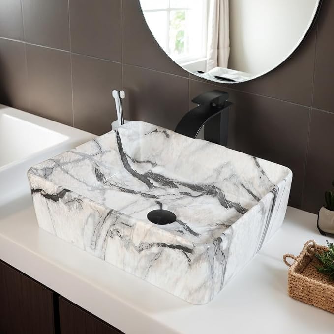 Bathroom Vessel Sink Modern Farmhouse White Rectangular Marble Vessel Sink - 19"x15" Handmade Ceramic Countertop Porcelain Sink Thickened Edges & Natural Stone Veins