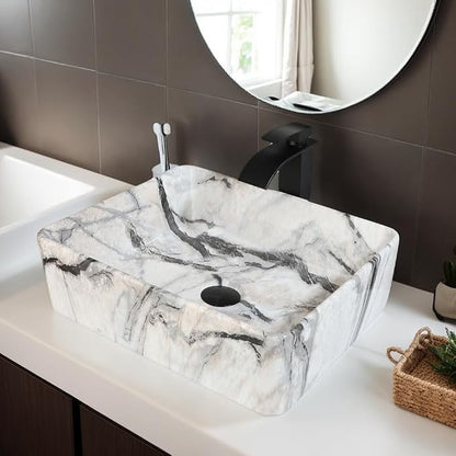 Bathroom Vessel Sink Modern Farmhouse White Rectangular Marble Vessel Sink - 19"x15" Handmade Ceramic Countertop Porcelain Sink Thickened Edges & Natural Stone Veins